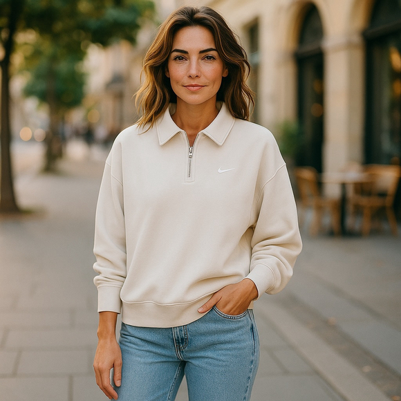 Women's Nike Beige Half-Zip Oversized Pullover Sweatshirt Size M - Picture 1 of 6